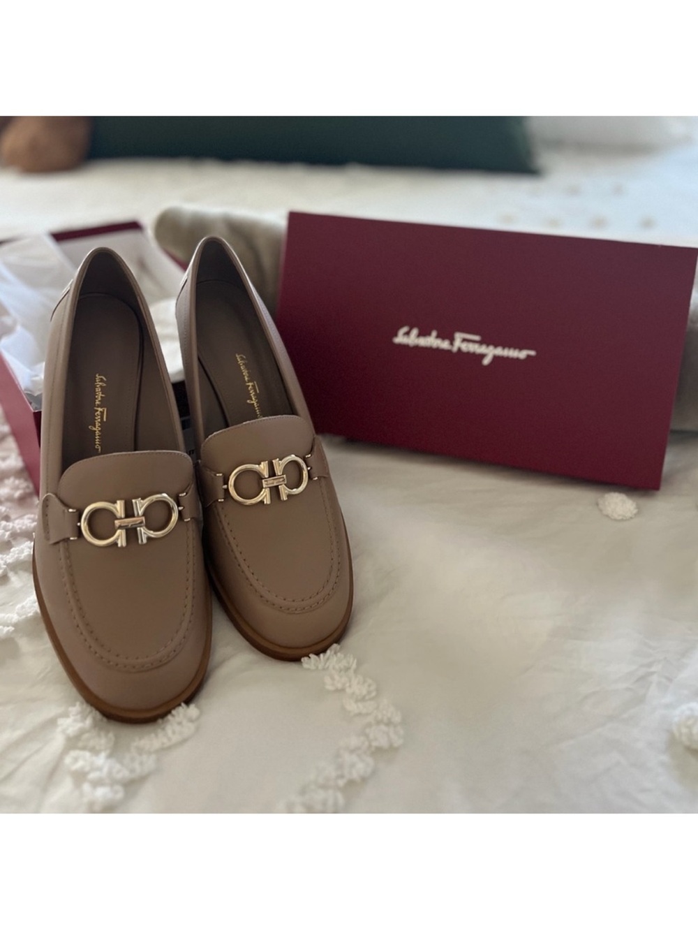 Salvatore Ferragamo Taupe Leather Gancini Bit Loafers